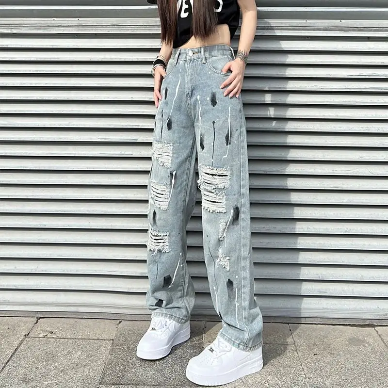 Splashing Ink Ripped Denim Pants with High Street Vibe and Trendy Design High Waist Slimming Loose Straight Leg Wide Leg Pants