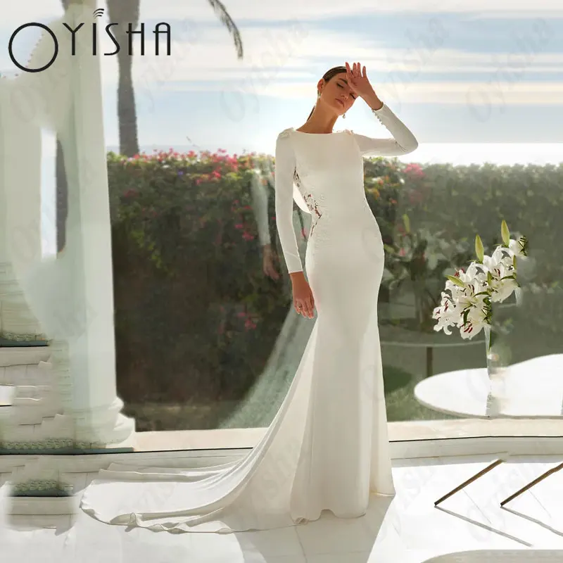 OYISHA O-pescoço mangas compridas vestidos de casamento Exquisite cetim sereia Backless vestidos de noiva para mulher apliques Vestido De MariagesOYISHA O-Neck mangas compridas vestidos de casamento requintado cetim se