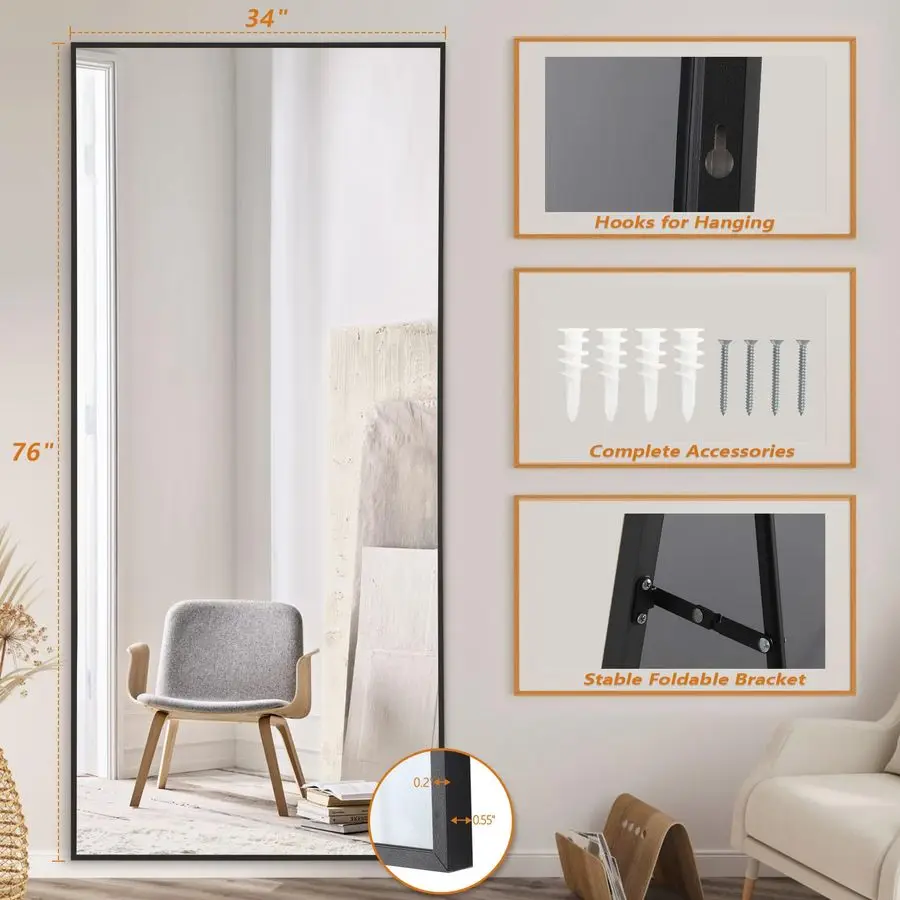 Full Length Mirror, 76 x34 Oversized Floor Mirror Free Standing, Large Full Body Mirror for Bedroom Living Room Gym, Black Mirr