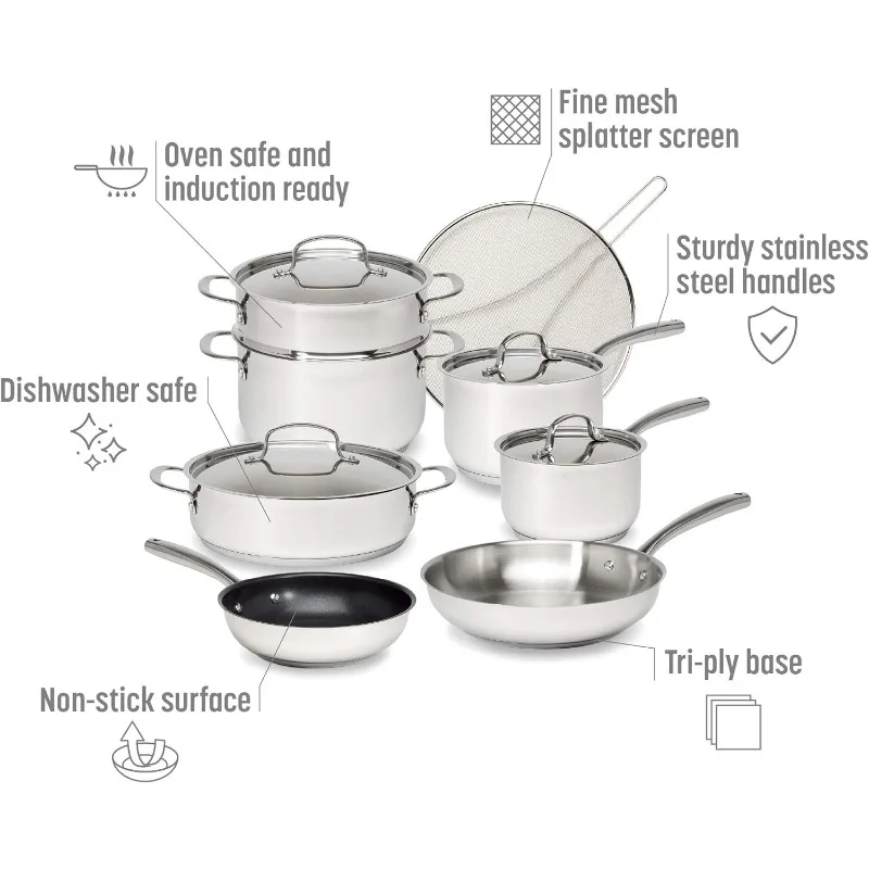 Goodful 12 Piece Classic Stainless Steel Cookware Set with Triple Layer Base, Evenly Heated, Pots & Pans, Dishwasher Safe