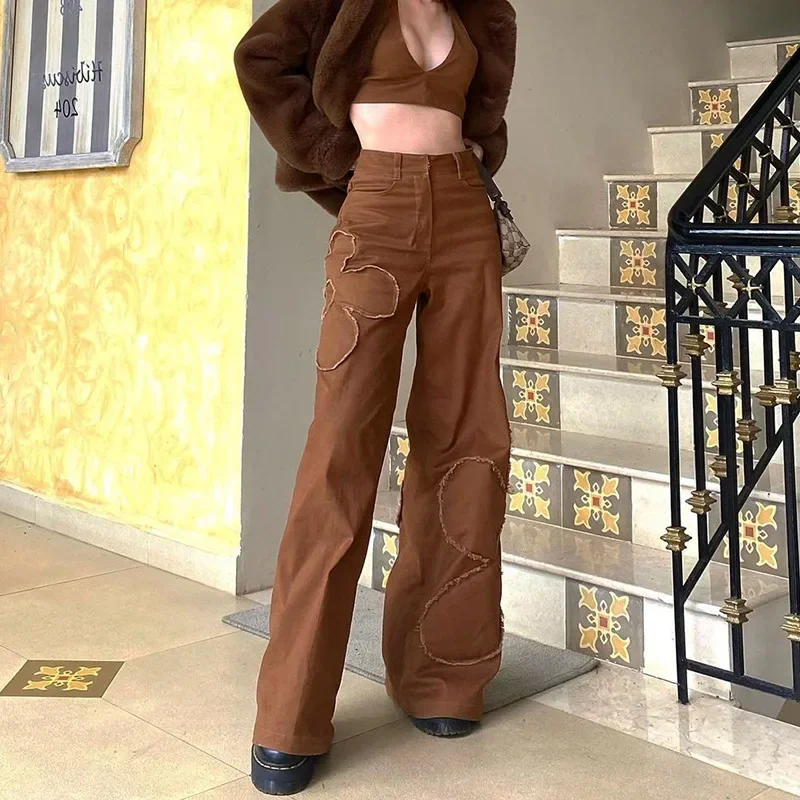 Aesthetic Baggy Jeans Women Brown Vintage 90s Loose Long Pants Flower High Waist Ladies Straight Denim Trousers Streetwear 