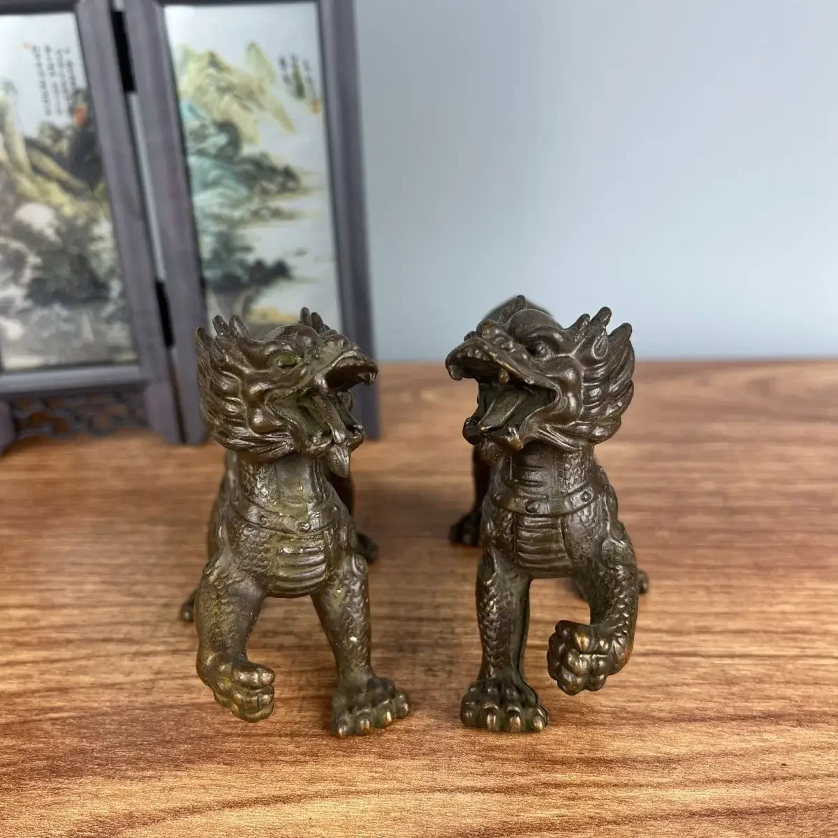 Antique Qilin Statues Vintage Auspicious Mythical Beasts Kylin Figurine Desktop Feng Shui Collectible Decor