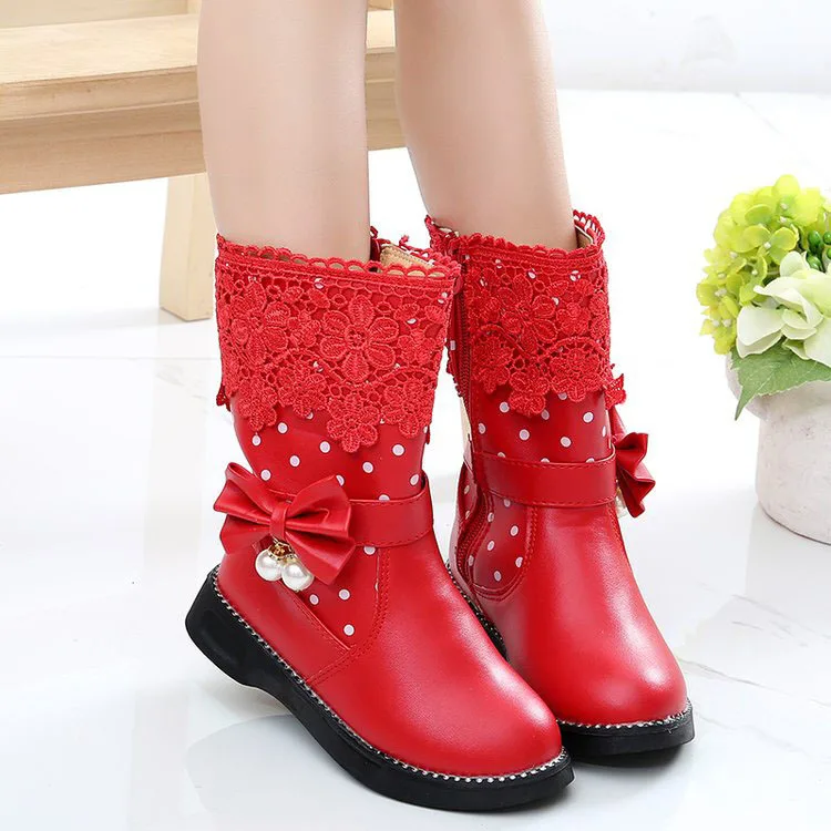 JGSHOWKITO Girls Boots Warm Cotton Kids Fashion Boots Children Winter Shoes For Girls Snow Boots PU Leather Lace Bow-knot Sweet