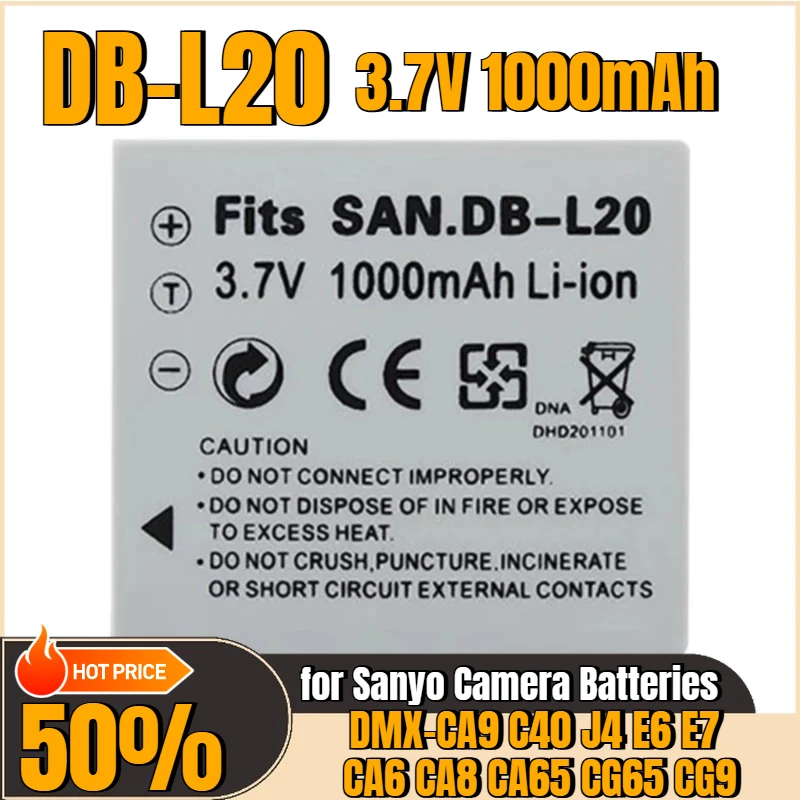Bateria do aparatu 3.7V 1000mAh DB-L20 do Sanyo DMX-CA6 CA8 CA9 C40 E7 CG9 Pentax Optio A10 A20 A30 A40 Nowa, wysokiej jakości