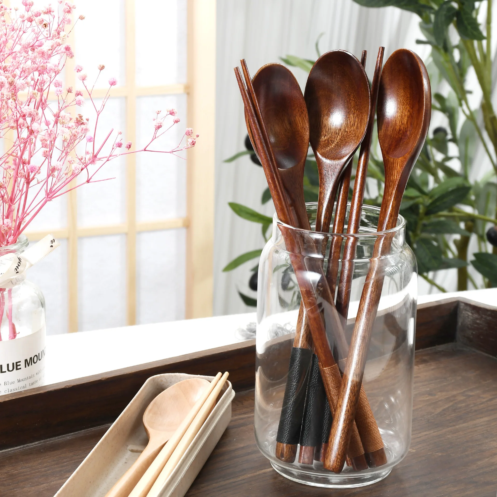 Portable Wooden Chopsticks and Spoon Set 2 in 1 Korean Style Reusable Utensils for Lunch Box Camping Picnic