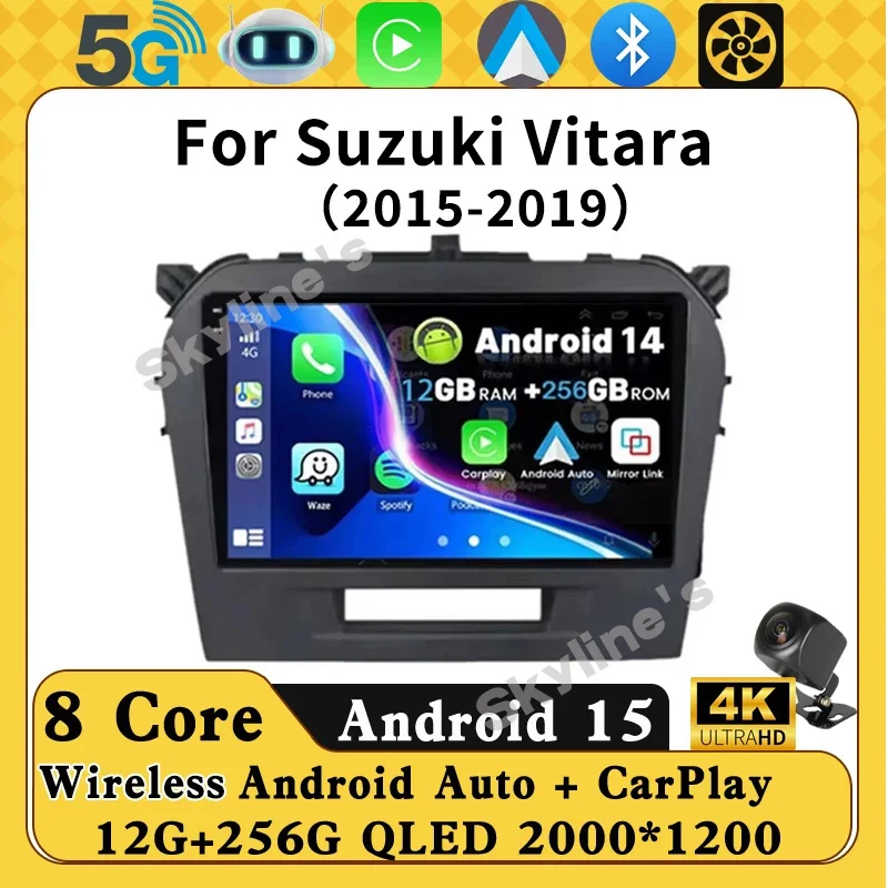 Radio para Auto con Android 16 y Carplay para Suzuki Vitara 2015-2019, Navegación GPS, Reproductor Multimedia Estéreo, Wifi+4G, Auto DSP, BT, Cámara 360