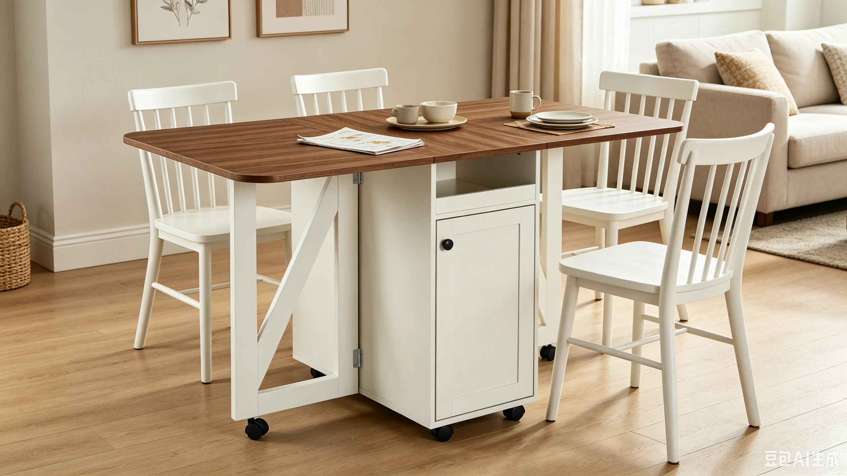 Rolling Kitchen Island Cart with Foldable Drop-Leaf Top, Storage Cabinet, Adjustable Shelf and Locking Wheels, Beige White and Walnut