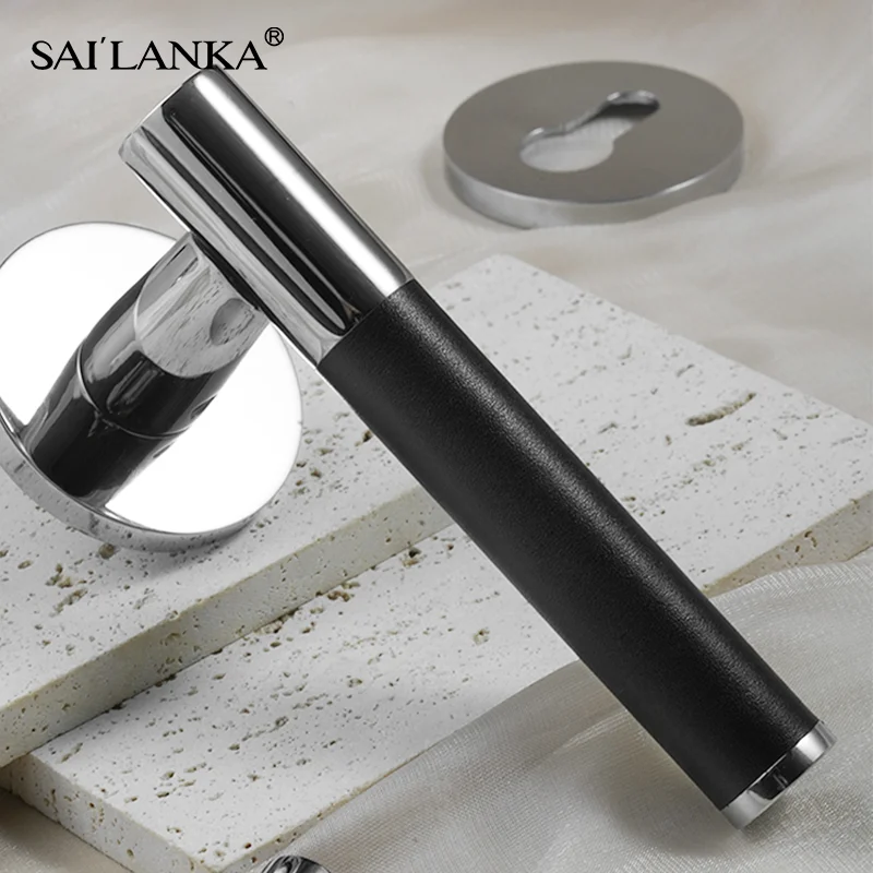 SAILANKA Genuine Leather Door Lock Bright Silver Black Leather Silent Magnetic Suction Brass Door Lock Furniture Hardware