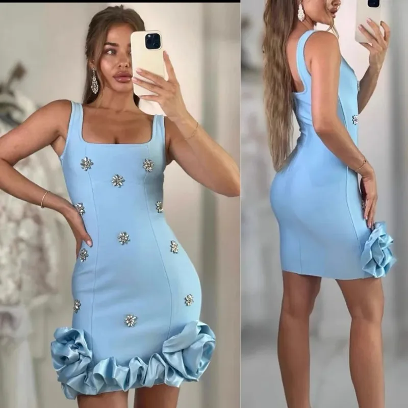 

Vintage Mini Mermaid Prom Dress Simple Square Collar Sleeveless Spaghetti Strap Pleat Beaed Crystal Short Party Dress Customized