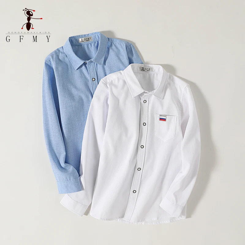 الأطفال قميص أبيض بأكمام طويلة الأزرق زي مدرسي النمط الروسي لربيع الخريف الأعمار 3-12 موضة جديدة التلبيب بلوزة