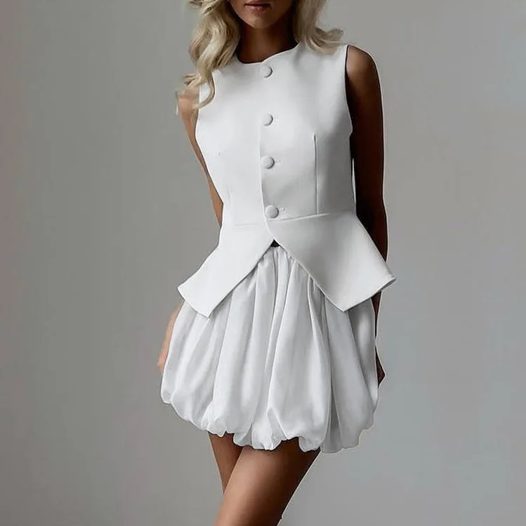 

Элегантный белый тонкий комплект из двух предметов, женские модные однобортные рубашки без рукавов с круглым вырезом и плиссированные однотонные мини-юбки, комплект