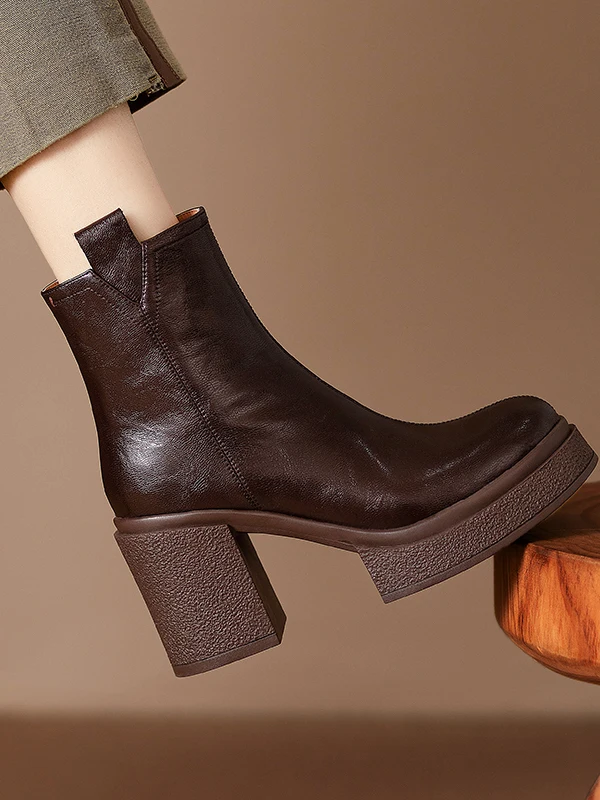 

Women's ort Boots High Heel Soft Leather Waterproof Platform Thi Bot Ugly oes Autumn Winter Brown Leather