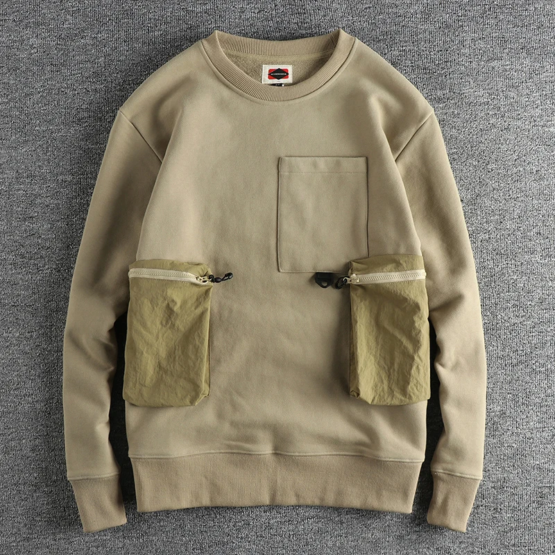

Retro Thickened Fleece Hoodie Men's round Neck Pocket Sweatshirt Youth Fashion Autumn Winter Cotton Casual Straight Fit Shirt