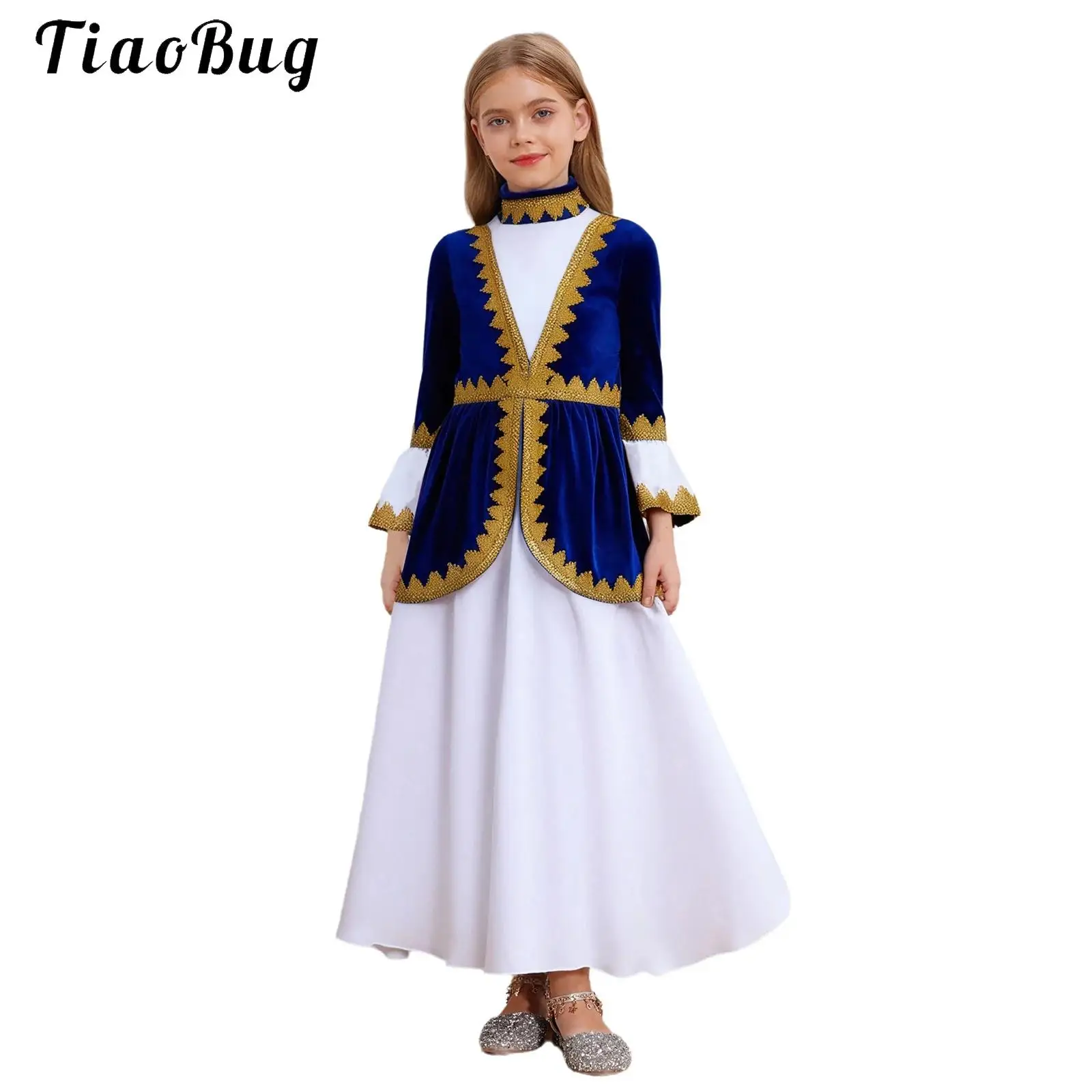 

Girls Halloween Russian Princess Costume Traditional Belarus Heritage Gold Webbing Flare Sleeve Dress Carnival Party Dress Up