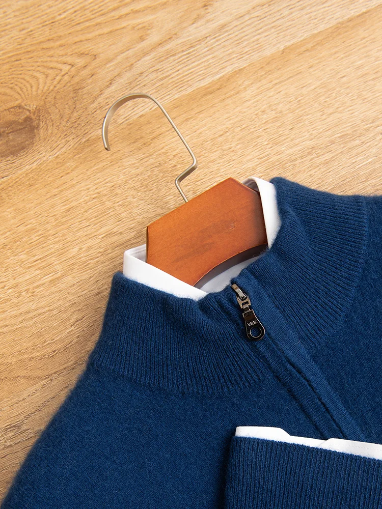 100% Cashmere Men's Half Zipper Half High Neck Warm Autumn Winter Casual Fashion Lightweight Knitted Sweater