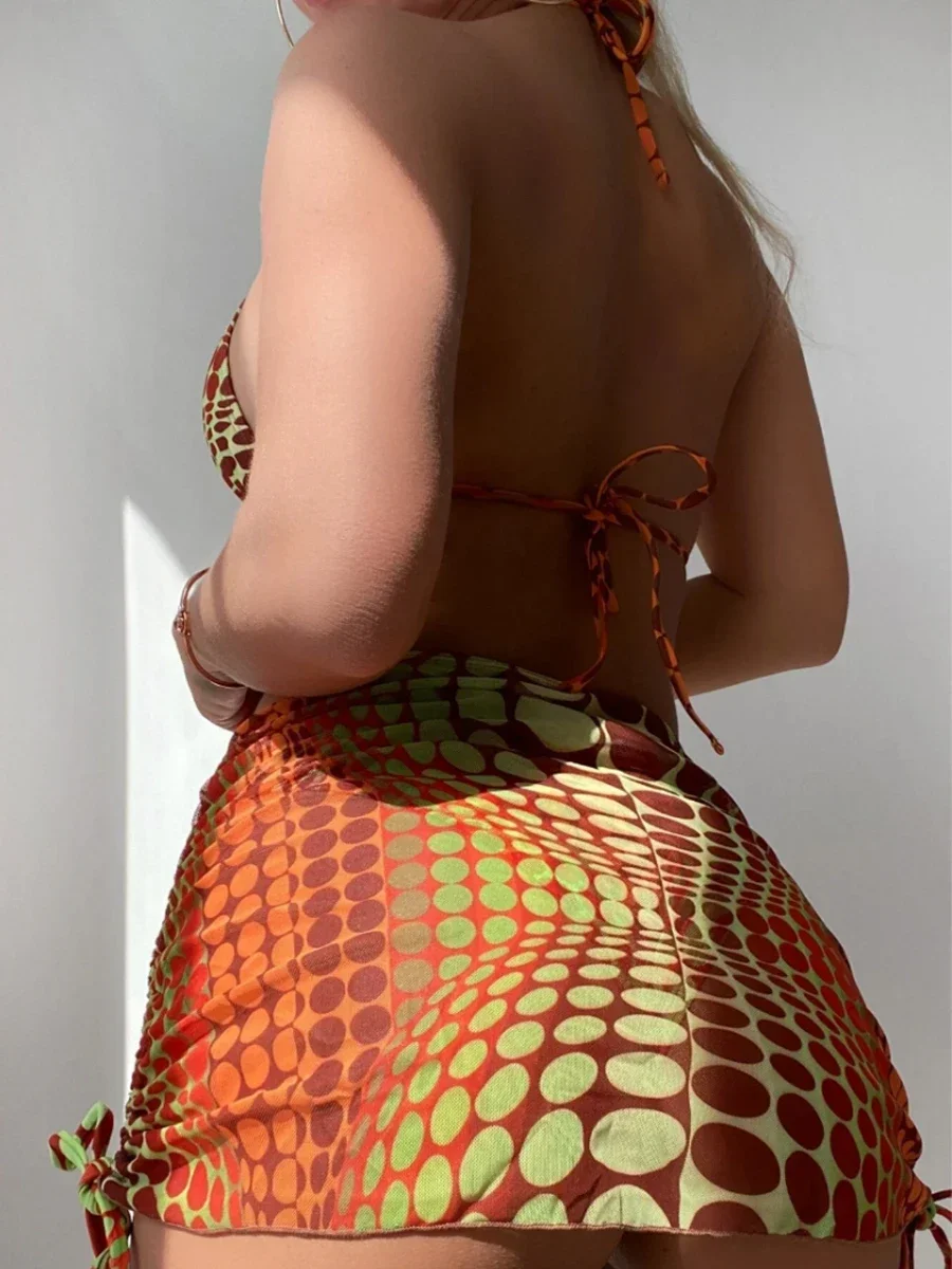 Sexy Halter  3 Pieces Bikini Set 2024 Dot Printed Swimwear Triangle Bikinis Cover Up Swimsuit With Tape Beach Skirt Swimwear