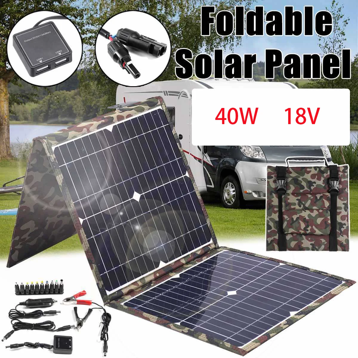 

Foldable Solar Panel 40W Portable Solar Charger 18v Battery Power Station 5v USB Mobile Phone Power Bank Laptop Camper Hiking