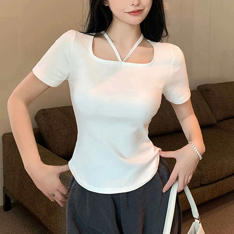 Cotton T Shirt Women 2023 Summer Woman Clothing Short Sleeve Tees Sexy Slim Hollow Out Crop Top Lady T Shirts Camisetas De Mujer