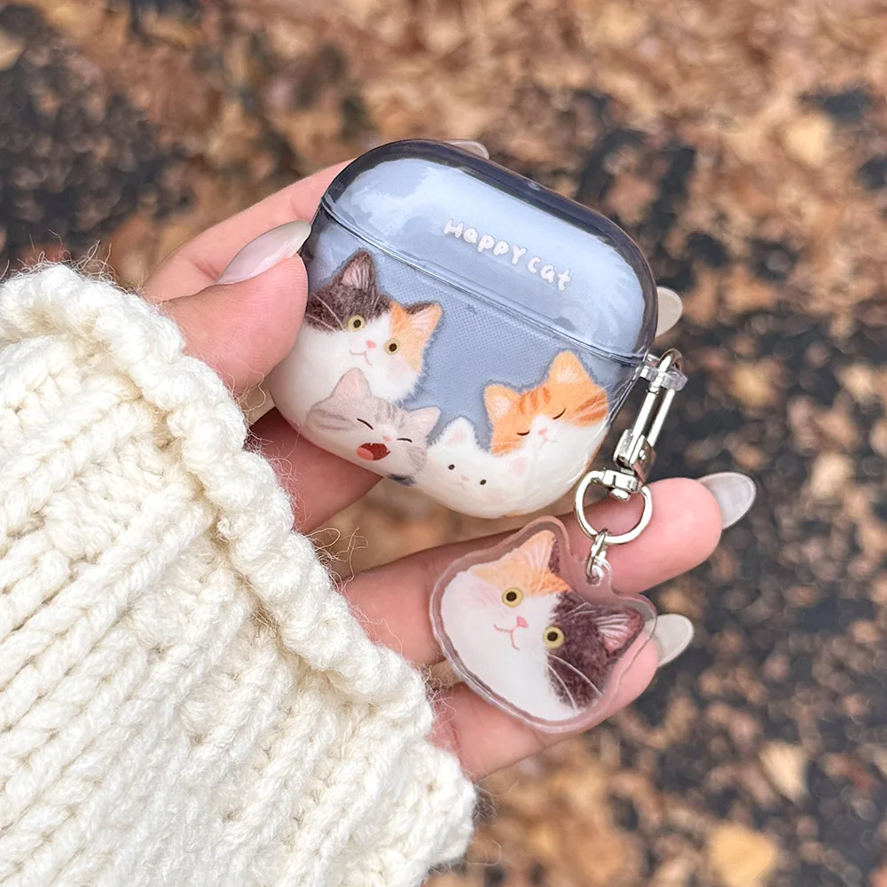 Cartoon Cute Transparent Blue Happy Cat imd Protective Case for AirPods 1 2 3 4 Pro 3 2 Earphone Covers Lovely Kitten Pendant