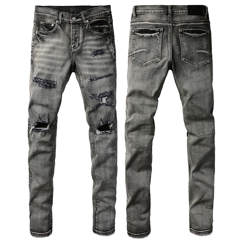 

American Trend Brand Jeans Men's Retro Washed Grey Ripped Patch Stretch Skinny Jeans, Rock and Hip-hop Style Straight-leg Jeans