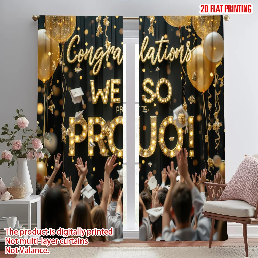 

2D flat printing 2pcs Party Curtains Graduation Celebration Cheers Digital Printed Polyester Drapes Family Party Decoration Use
