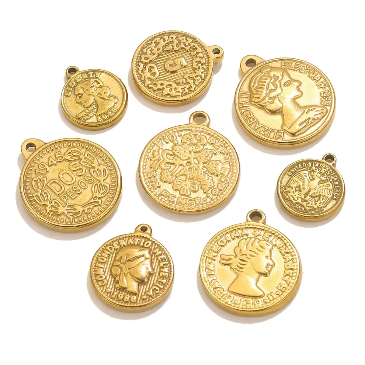 5PCS Stainless Steel Medal Coin Pendants for Necklace Jewelry Making DIY Gold-plated Queen Craft Jewelry Accessories Wholesale
