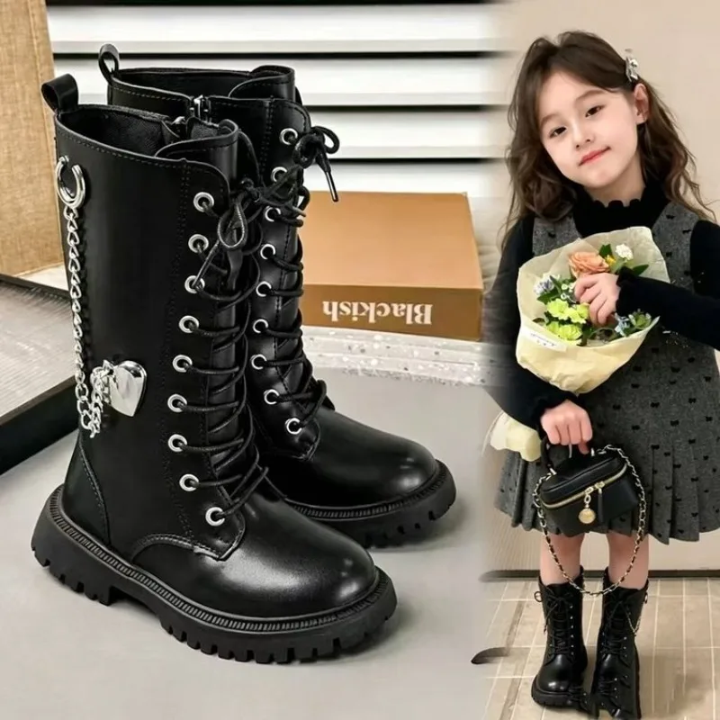 Elegant Zipper Baby Girl Casual Fashion Boots Autumn/winter Round Toe Warm Thick Sole Lace Comfortable Children's Midsole Boots