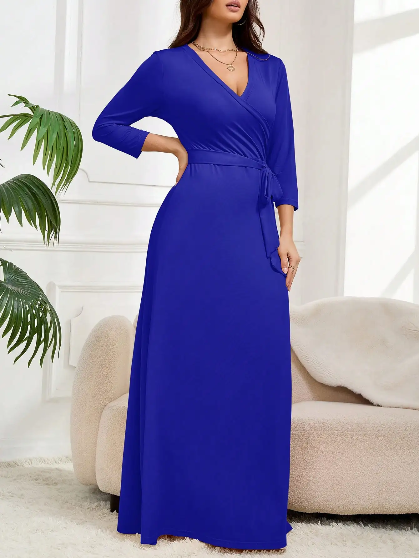 

Elegant Royal Blue Wrap Maxi Dress With V-Neck And Tie Waist For Dining Shopping