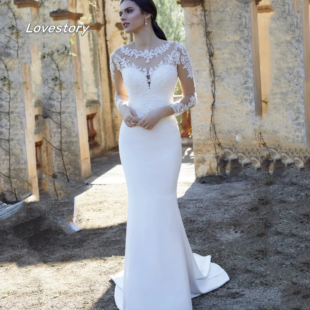 Elegant Mermaid Wedding Dresses Classic O Neck Lace Bridal Dress Long Sleeves Satin Bridal Gowns New Vestidos De Novia