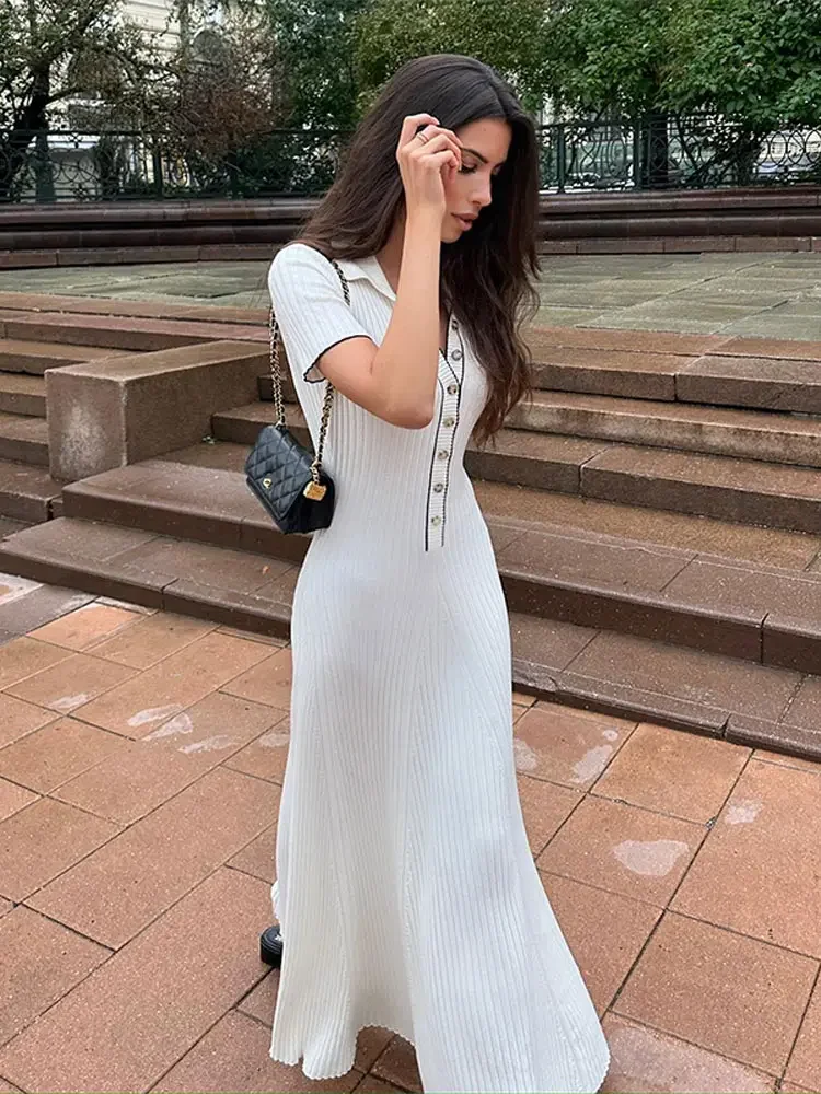 

Elegant Solid Buttons Knitted Maxi Dress Women Slim Lapel Short Sleeve Ribbed Dresses 2023 Summer Female Chic Streetwear Robe