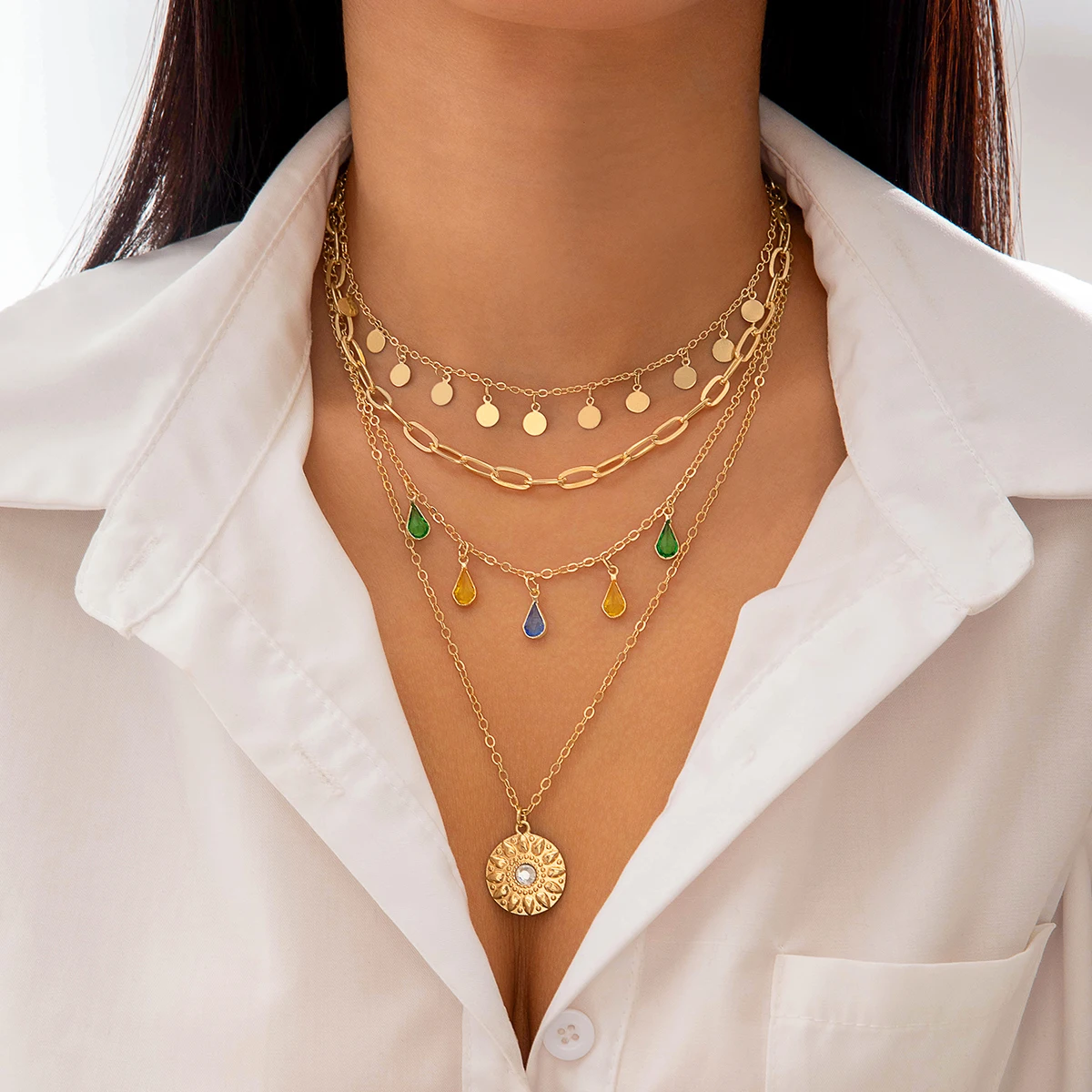 Docona Bohemian Multi-Layered Colorful Water Drop Pendant Necklace Charms Tassel Chain Choker Jewelry for Women's Accessories