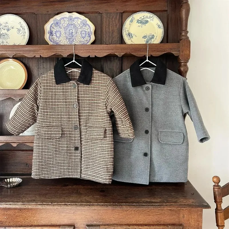 HoneyCherry Kids Jacket Autumn Winter New Woolen Coat Retro Lapel Plaid Cotton Kids Warm Jacket Baby Girl Winter Clothes