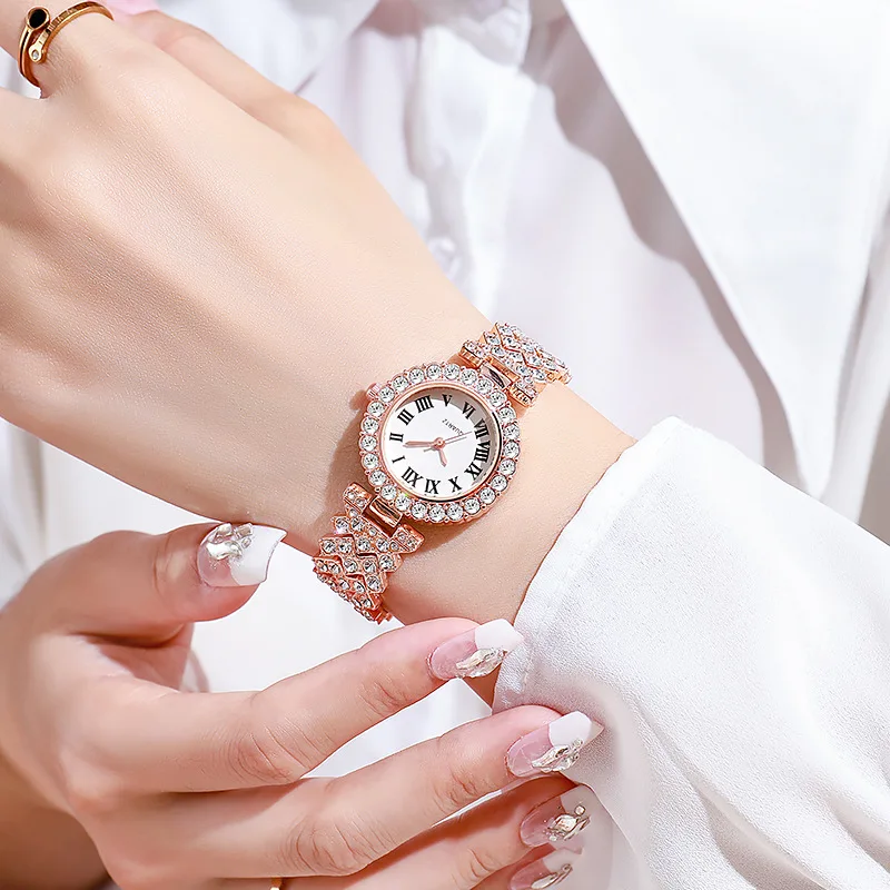 5PCS Luxury Rhinestone Women's Watch Jewelry Set Roman Quartz Wristwatch with Necklace Earrings Ring Reloj Mujer（Without Box） - view 4