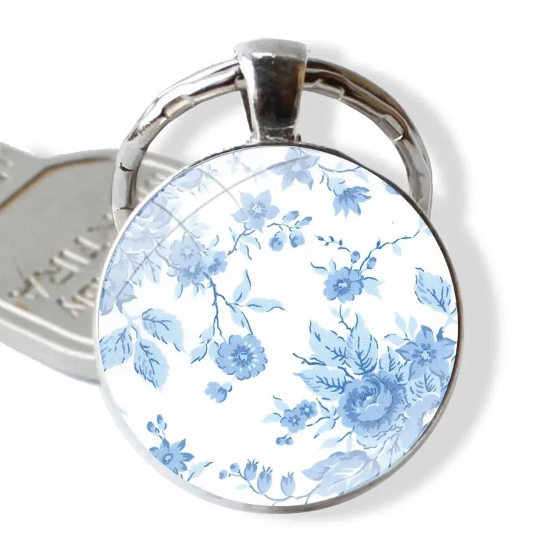 Blue and white Porcelain Flowers Keychain Handmade Glass Cabochon Key Ring Holder Pendant Key Chains