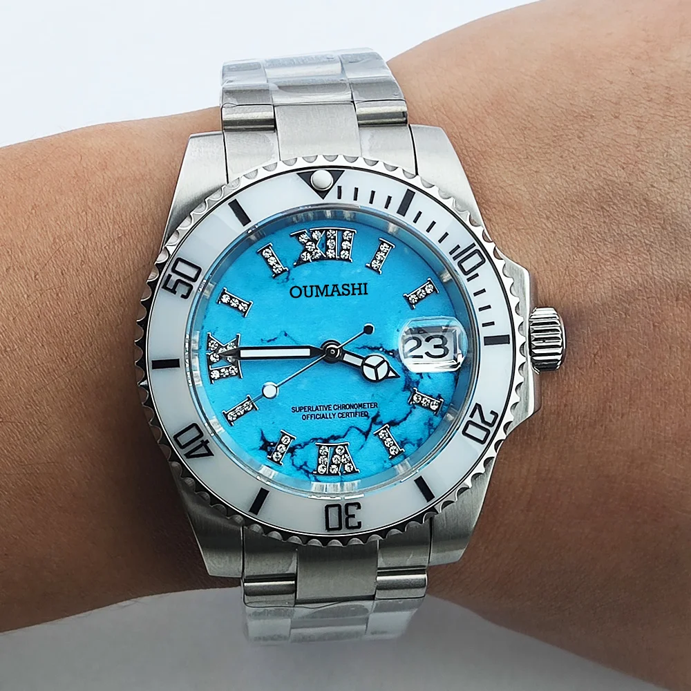 Luxury Diving automatic Men's Watch 40mm NH35A Date Stainless Steel Sapphire Crystal Ceramic bezel Watch Natural gemstone dial