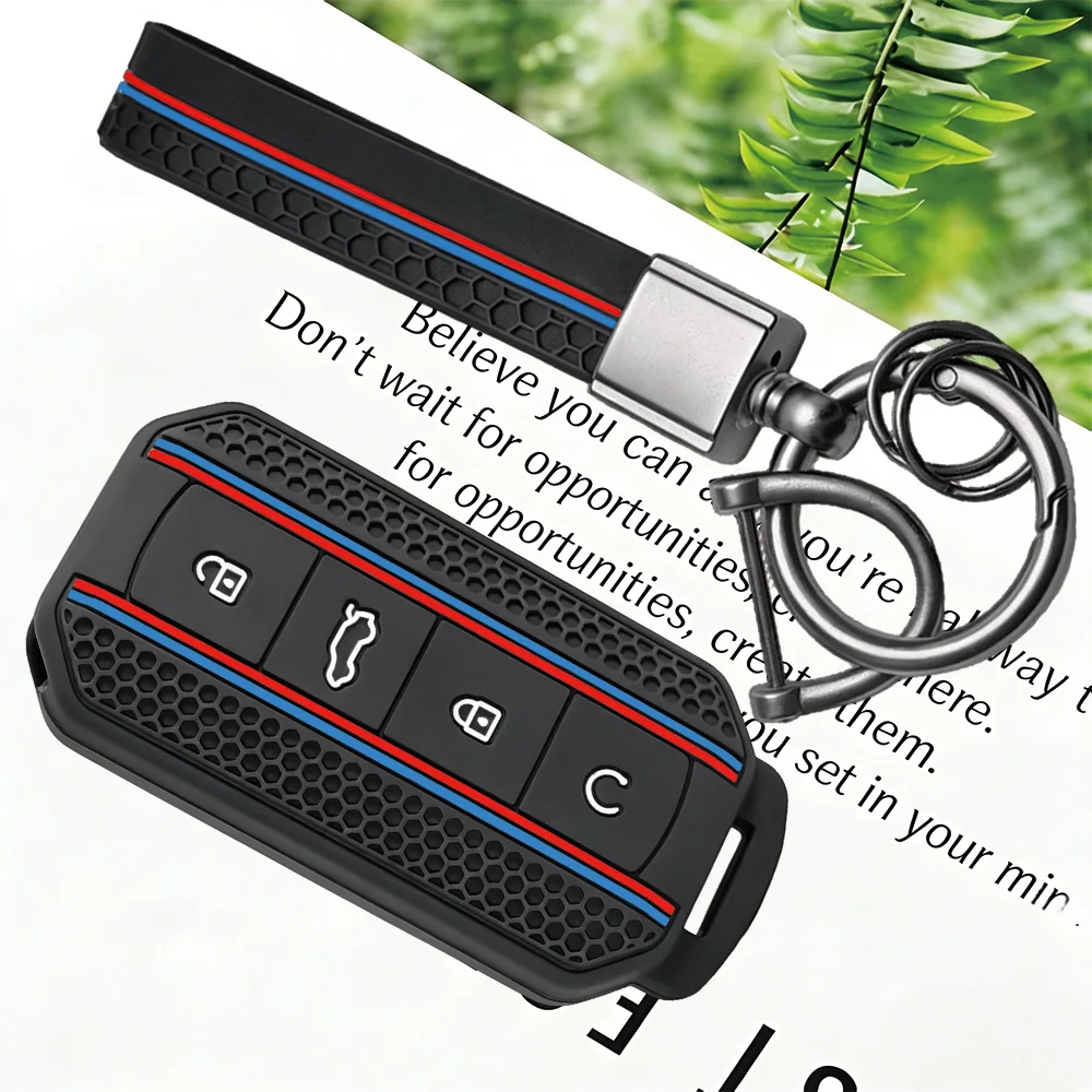 Vertical Red Blue Stripe Silicone Key Fob Protector With Keychain Honeycomb For Chery Jaecoo J5 2025 2026 Auto Key Case
