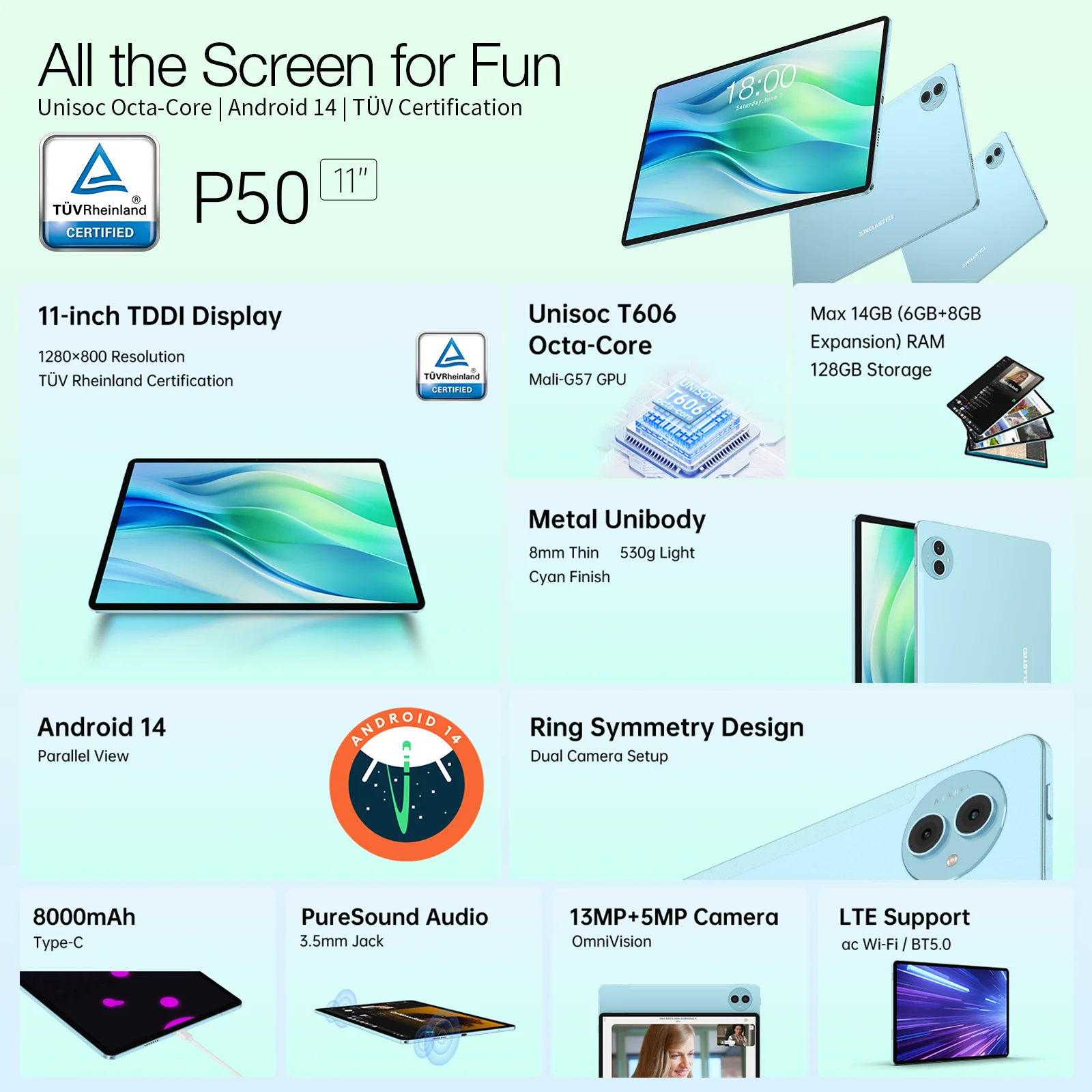 Tableta Teclast P50 con Android 14, Pantalla IPS de 11 Pulgadas, 14 GB de RAM (6+8 GB de Expansión), 128 GB de ROM, Unisoc T606 de 8 Núcleos, Cámara de 13 MP, 8000 mAh, Tipo C, 4G LTE 3