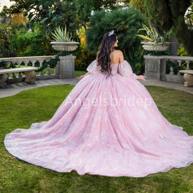 Angelsbride Pink Princess Puff Sleeves Quinnceanera Dress Ball Gown Glitter Tulle Beading Corset Sweet 16 Vestidos De 15 Anos