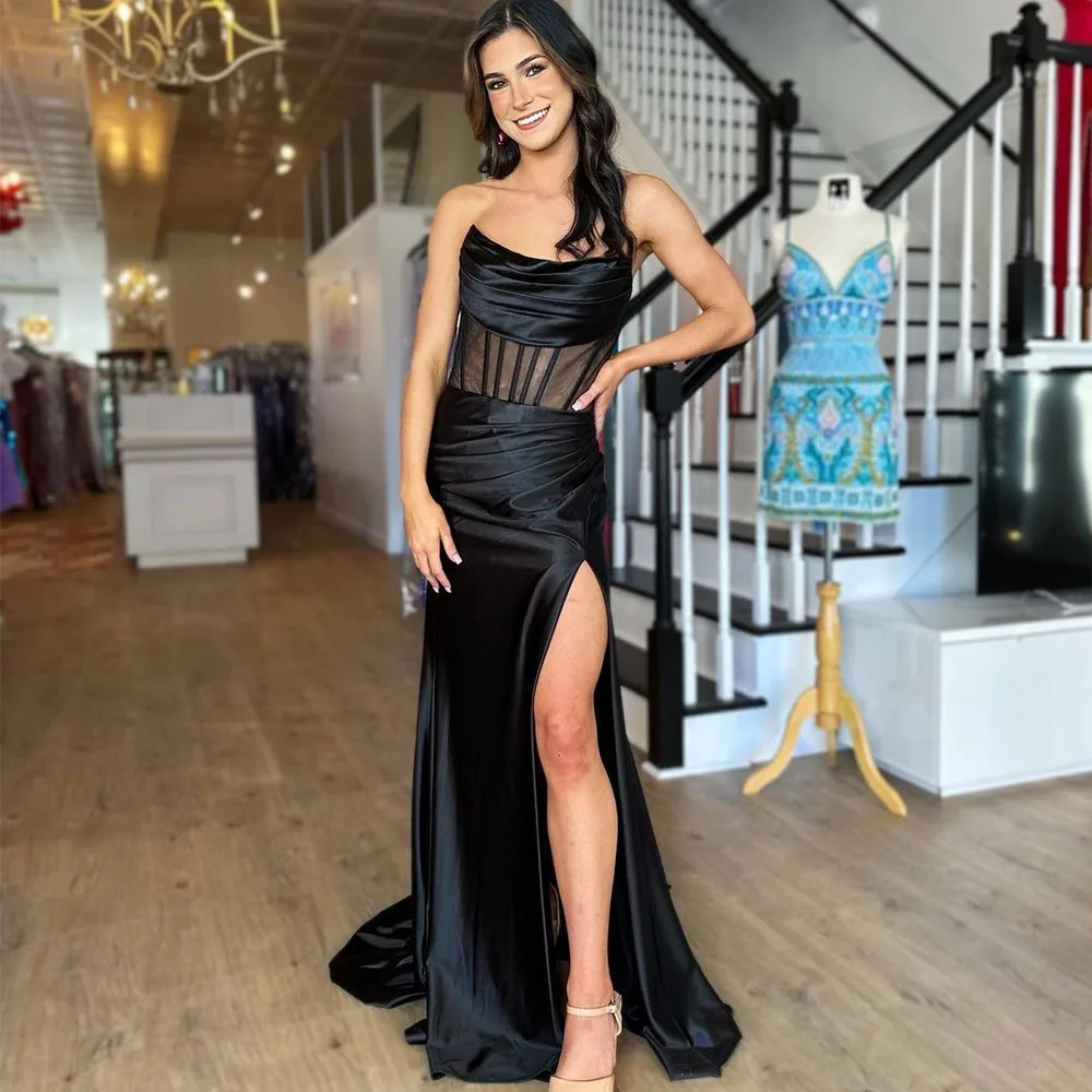 Elegant Black Satin Mermaid  Prom Dress Strapless Pleat Vestido Graduation Dress Floor Length  Formal Party Homecoming Dress