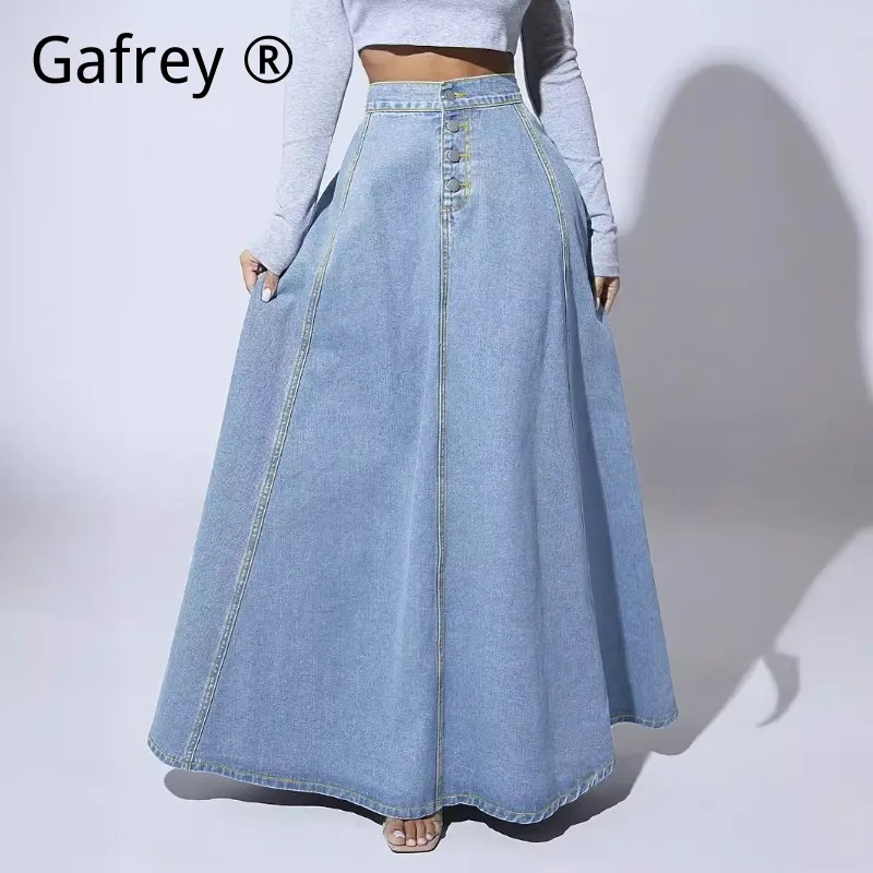 Women Single Breasted Denim Skirt Stylish A-line Swing Flared Spring Summer Casual High Waist All-match Female Half Dress view 4