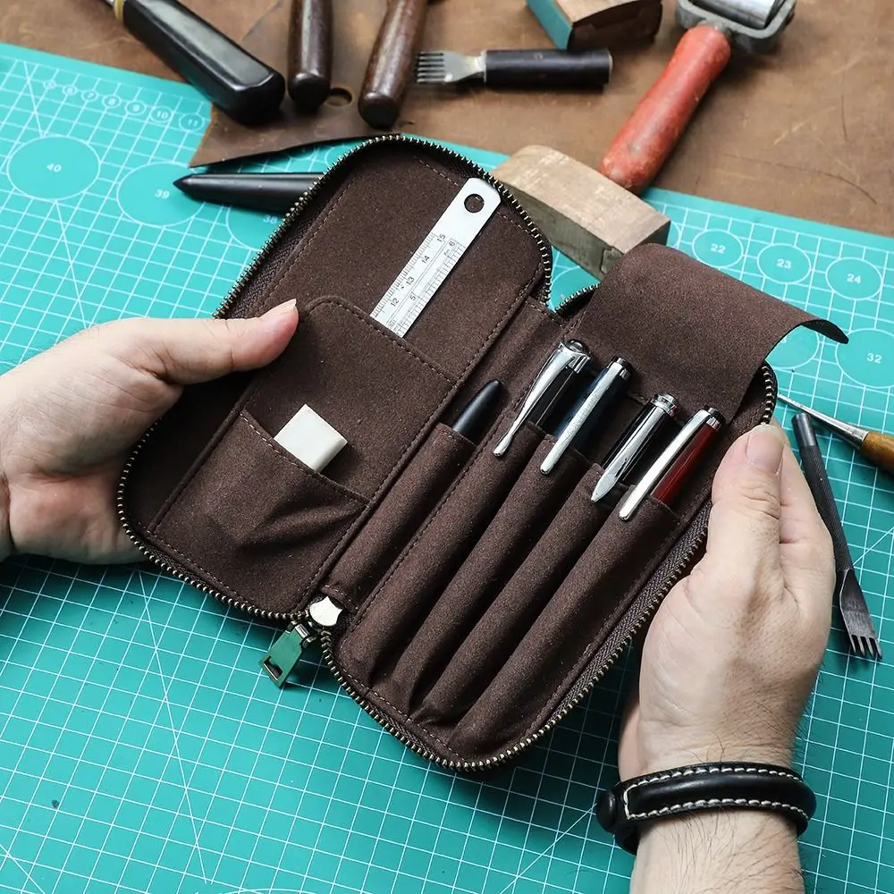 Handmade Leather Genuine Leather Pencil Case 4 Slots Design Vintage Style Pen Case Crazy Horse Leather Pencil Organizer Bag