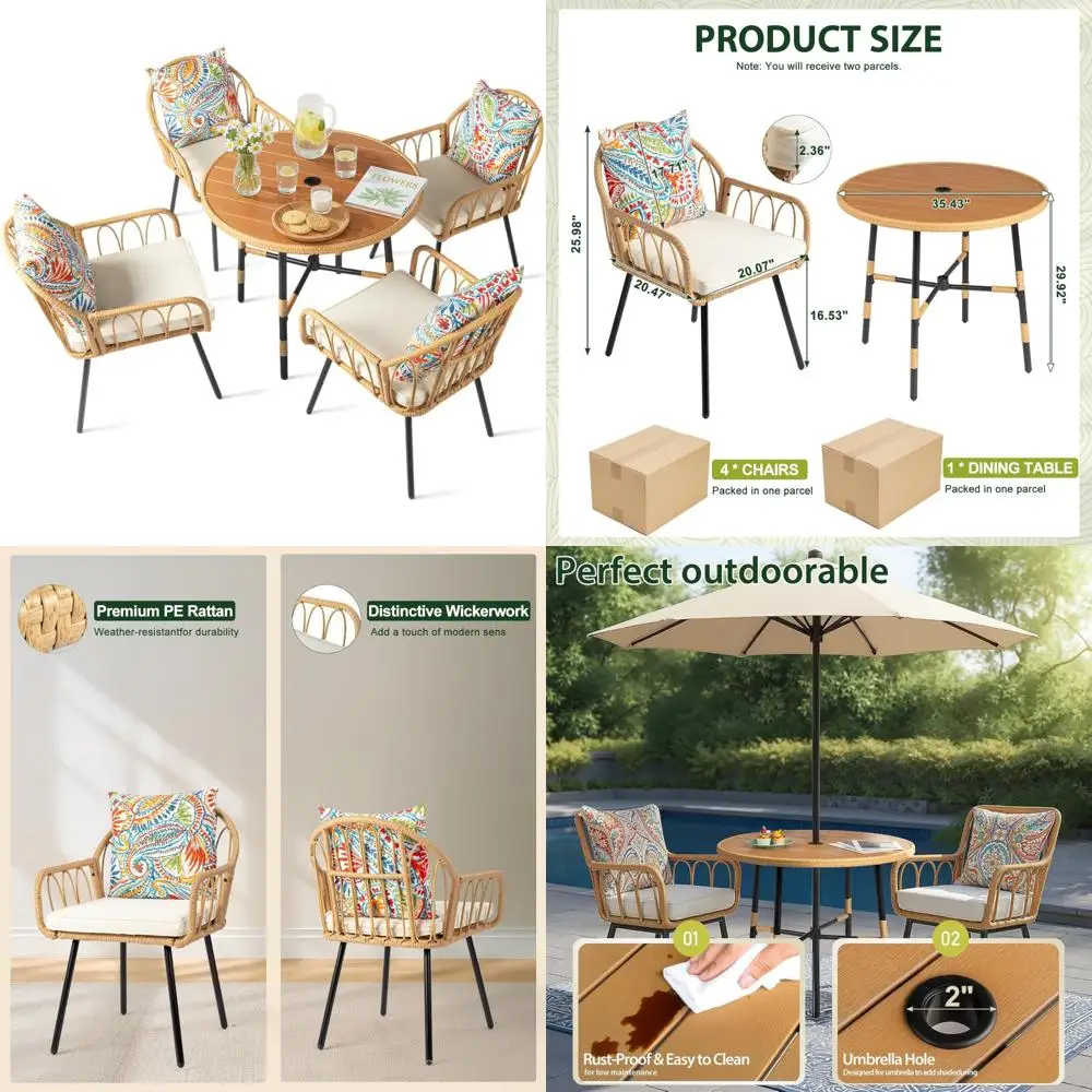 طقم طعام خارجي مكون من 5 قطع: طاولة فناء مستديرة من الخيزران مقاس 35.4 بوصة مع 4 كراسي مقاومة للطقس #1