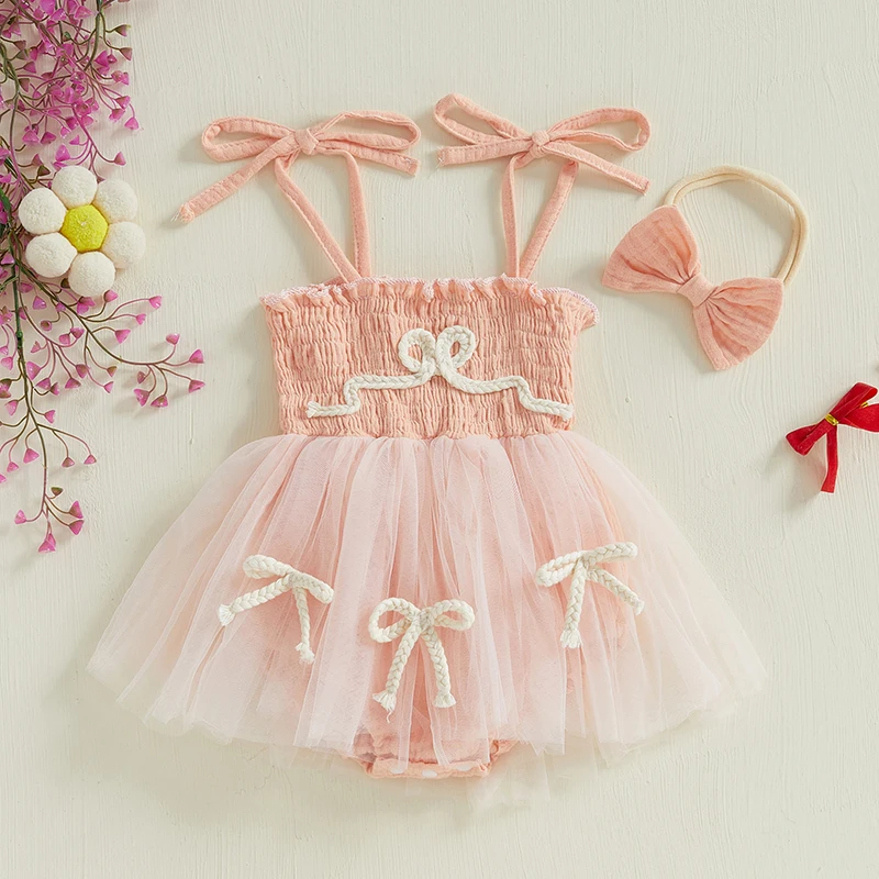 

2025 Newborn Infant Baby Girl Romper Dress Headband Bow Embroidery Sleeveless Jumpsuit Soft Baby Girl Clothing Summer Costumes