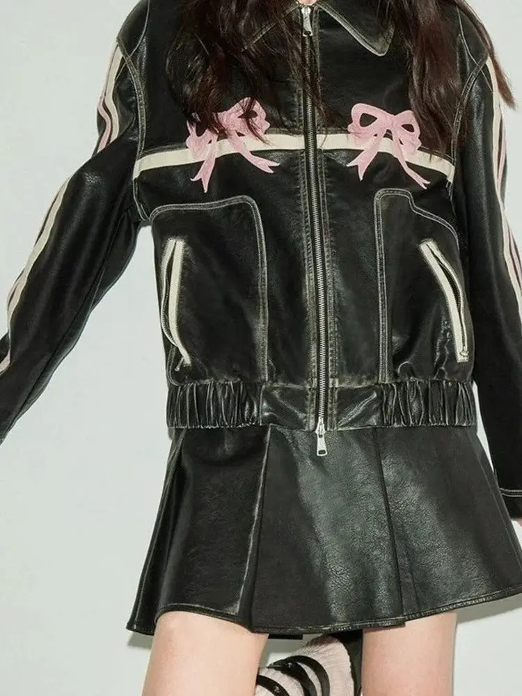 Street Sle Sweet Cool Bla chaqueta de cuero PU con pajarita abrigo de Otoño Invierno para mujer ajuste holgado largo cierre de cremallera Sve