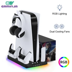 GAMINJA For PS5 Charging Dock Station Vertical Stand Cooling Fan For PS5 Console Controller Charger For Playstation 5 Accessory