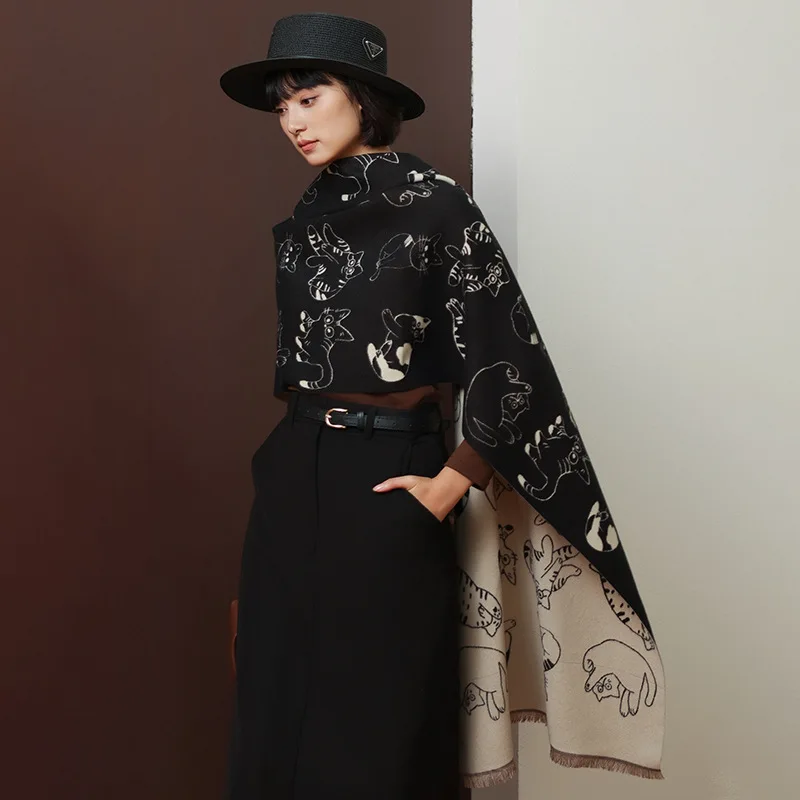 

Korean Autumn/Winter New Cat Fashion Acrylic Scarf Women's Korean Style Printed Elegant Warm Neck Warmer Air Conditioner Shawl