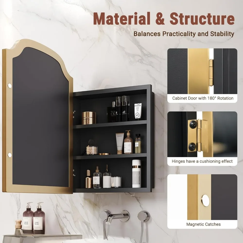 خزانة مرآة حمام بإطار معدني قوي مقاس 16 × 24 بوصة مع مساحة تخزين أو سطح أو حامل غائر، سهلة التركيب