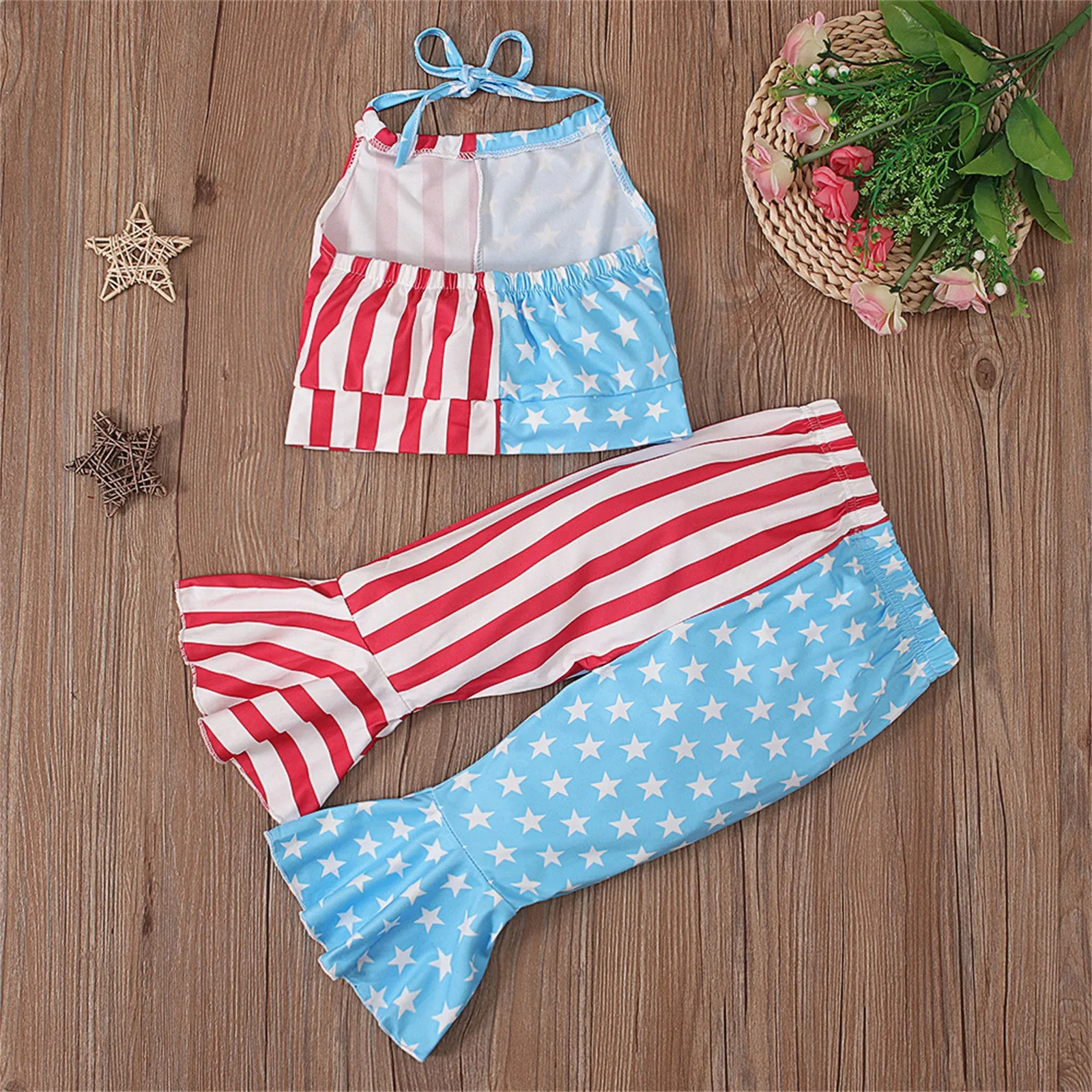 1-6Y Independence Days Toddler Girls Clothes Sets Summer Sleeveless Stars Stripes Printed Halter Tops + Flare Pants 2Pieces Set