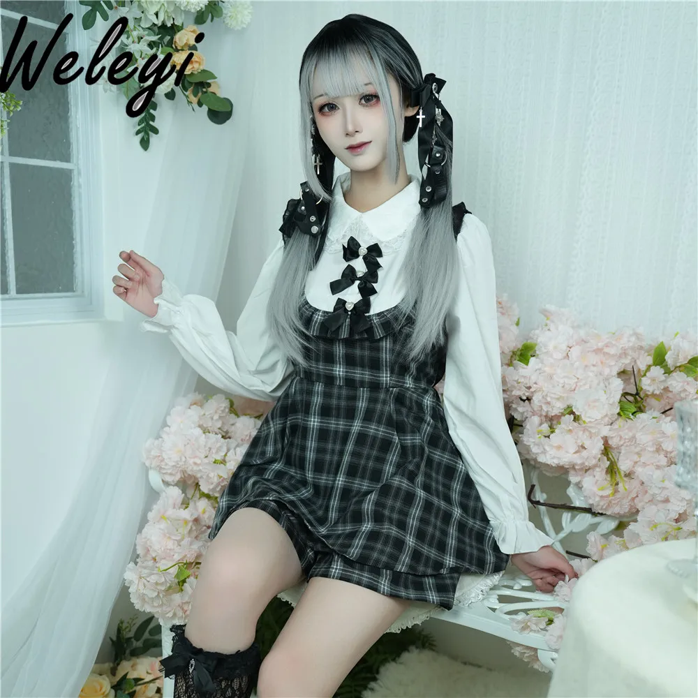 Trajes japoneses con lazo para mujer, novedad de Otoño de 2024, producción en masa de Lolita, dulce y bonito vestido a cuadros de manga larga, pantalones cortos, traje de 2 piezas