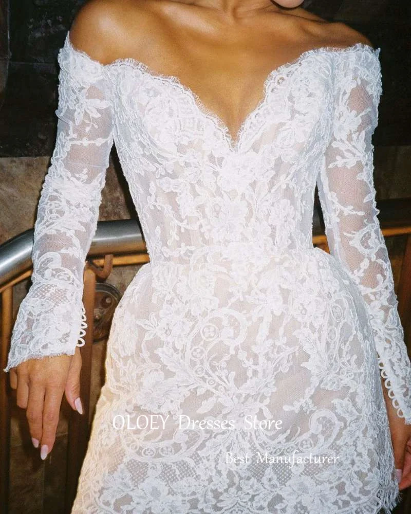 OLOEY Sexy Off Shoulder Full Lace Customised Wedding Party Dresses Long Sleeves Mini Bridal Gowns Robe de mariage Prom Dress